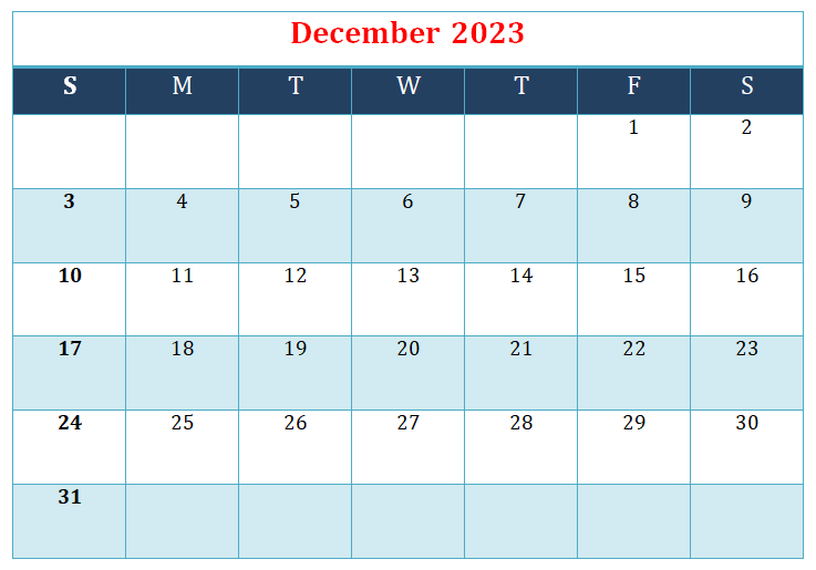 Printable December Calendar