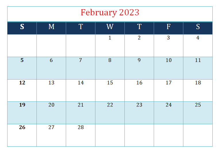 February Calendar 2023 in Excel Format