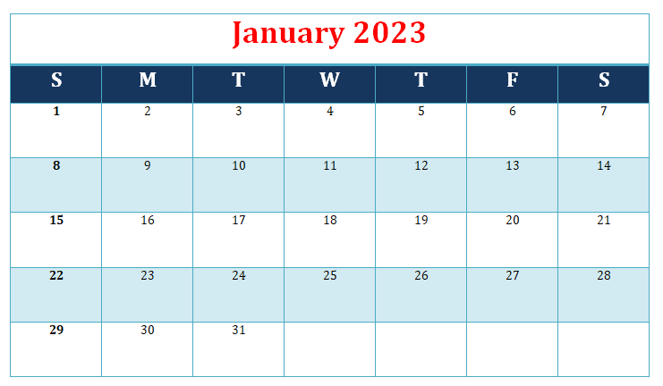 January Calendar 2023 in Excel Format