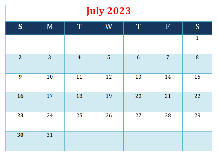 July Calendar 2023 in Excel Format