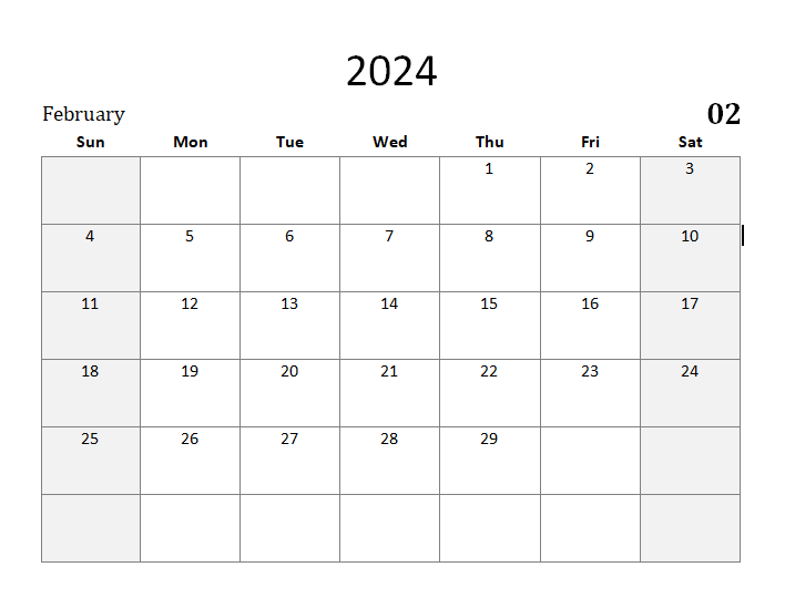 february Calendar 2024 in Excel Format