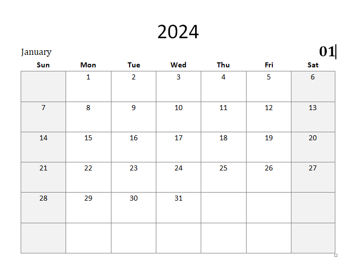 january Calendar 2024 in Excel Format