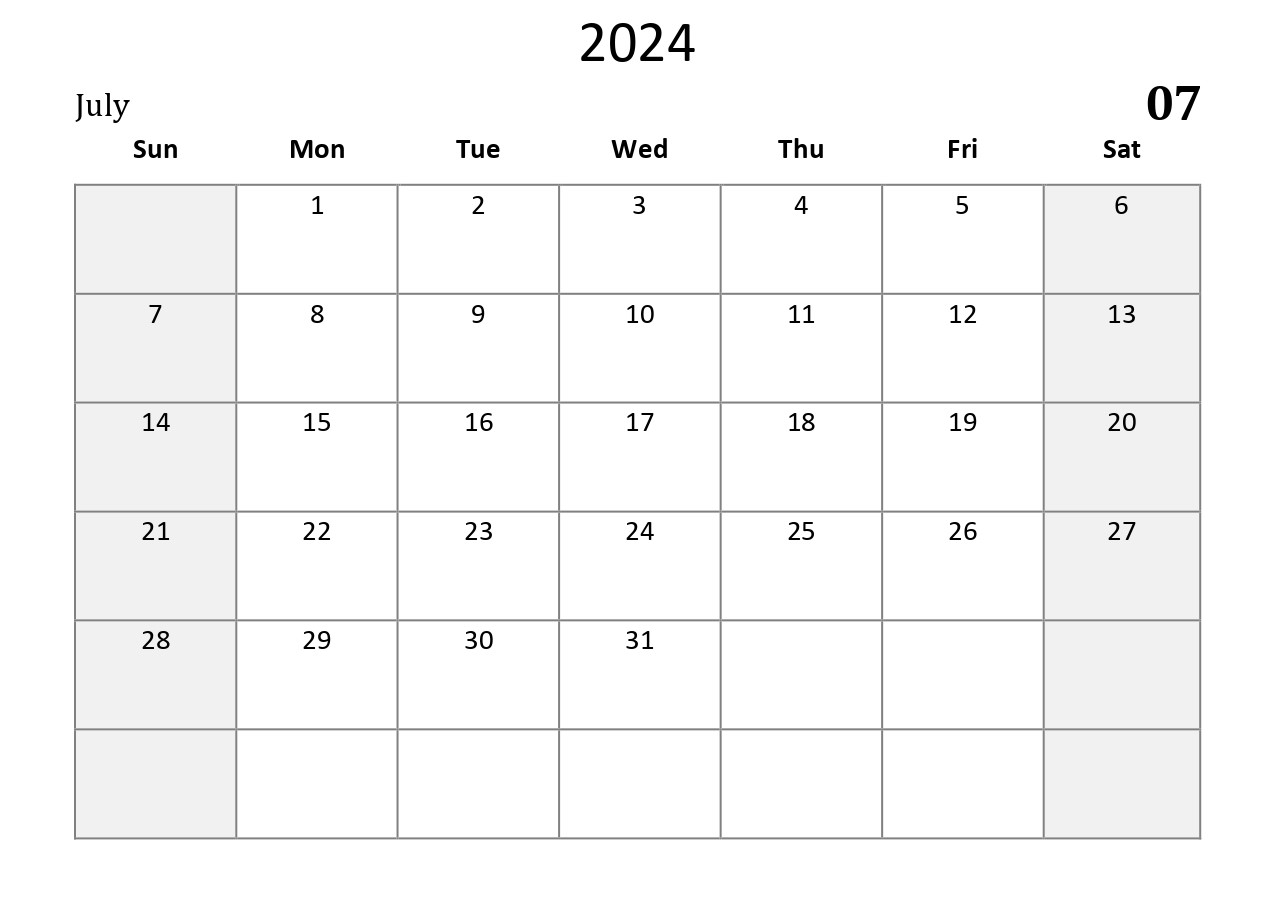 July Calendar 2024 in Excel Format